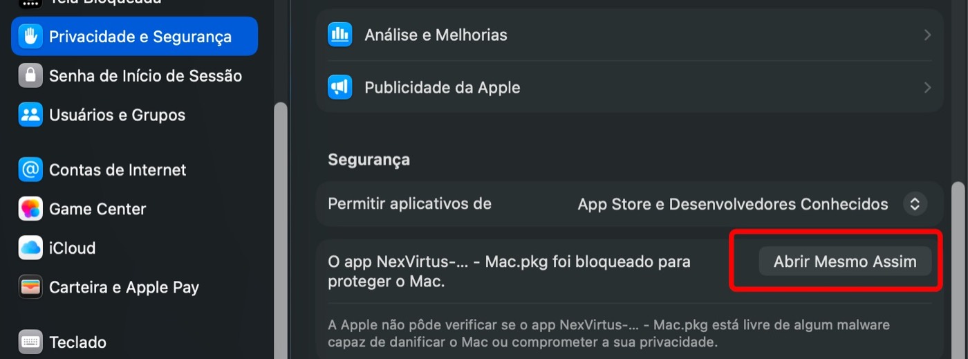 Tela de Ajustes do Sistema em Privacidade e Segurança, com o botão 'Abrir Mesmo Assim' destacado