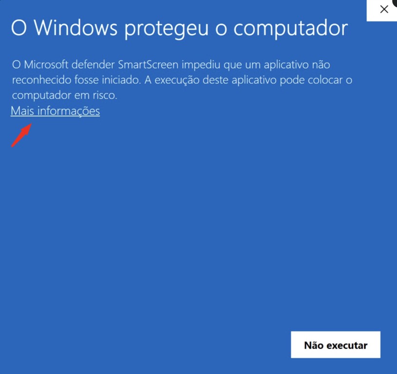 Tela azul do Windows Defender SmartScreen com o link 'Mais informações' destacado