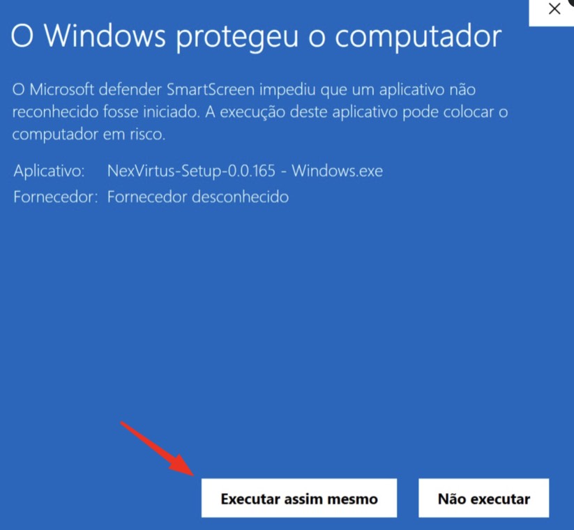 Tela do SmartScreen mostrando o nome do aplicativo e o botão 'Executar assim mesmo' destacado